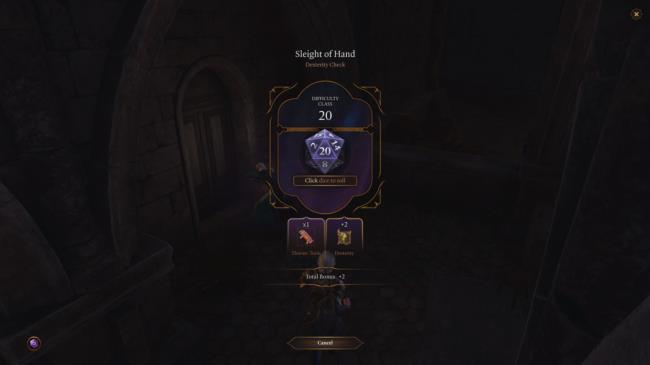 Baldur's Gate 3 - Player making a sleight of hand roll to get into the Guild Hall