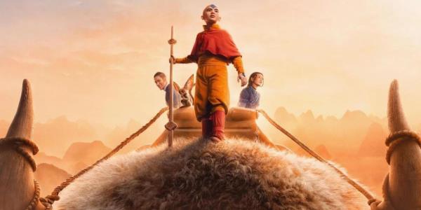 Gordon Cormier as Aang, Kiawentiio a Katara, and Ian Ousley as Sokko atop Appa in Avatar: The Last Airbender.